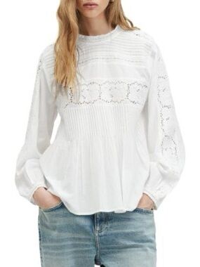 ALLSAINTS elaia embroidered lace top peasant boho cotton white size 6 US